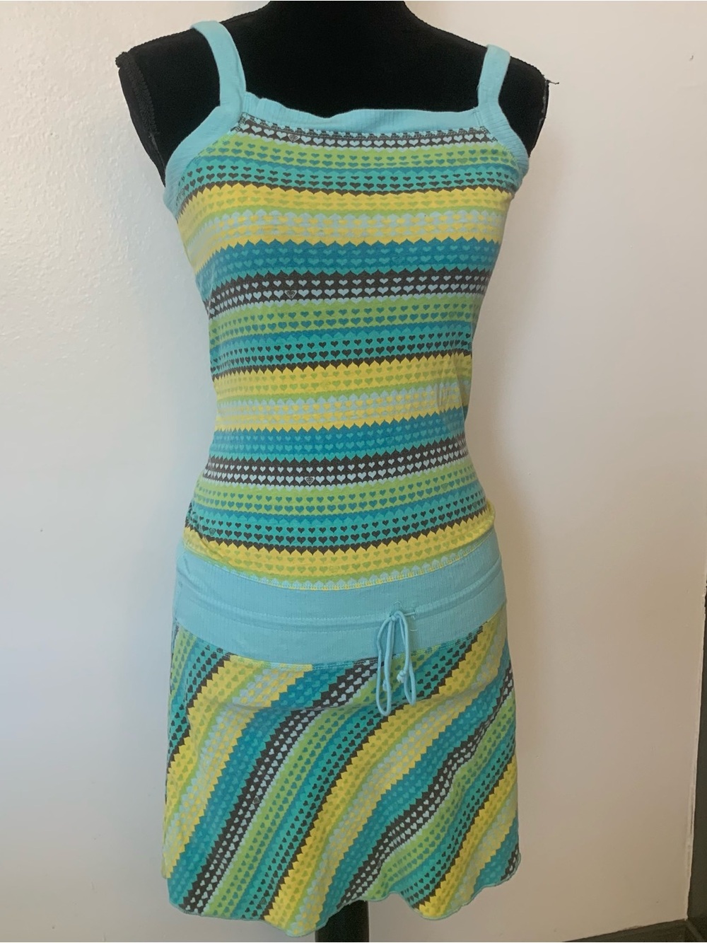 Roxy Striped Heart Knit Tank in Aqua, Yellow, Brown